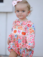 PREORDER Fall Halloween & Thanksgiving Pumpkin Bow Smock Embroidered Floral Baby Girl Romper