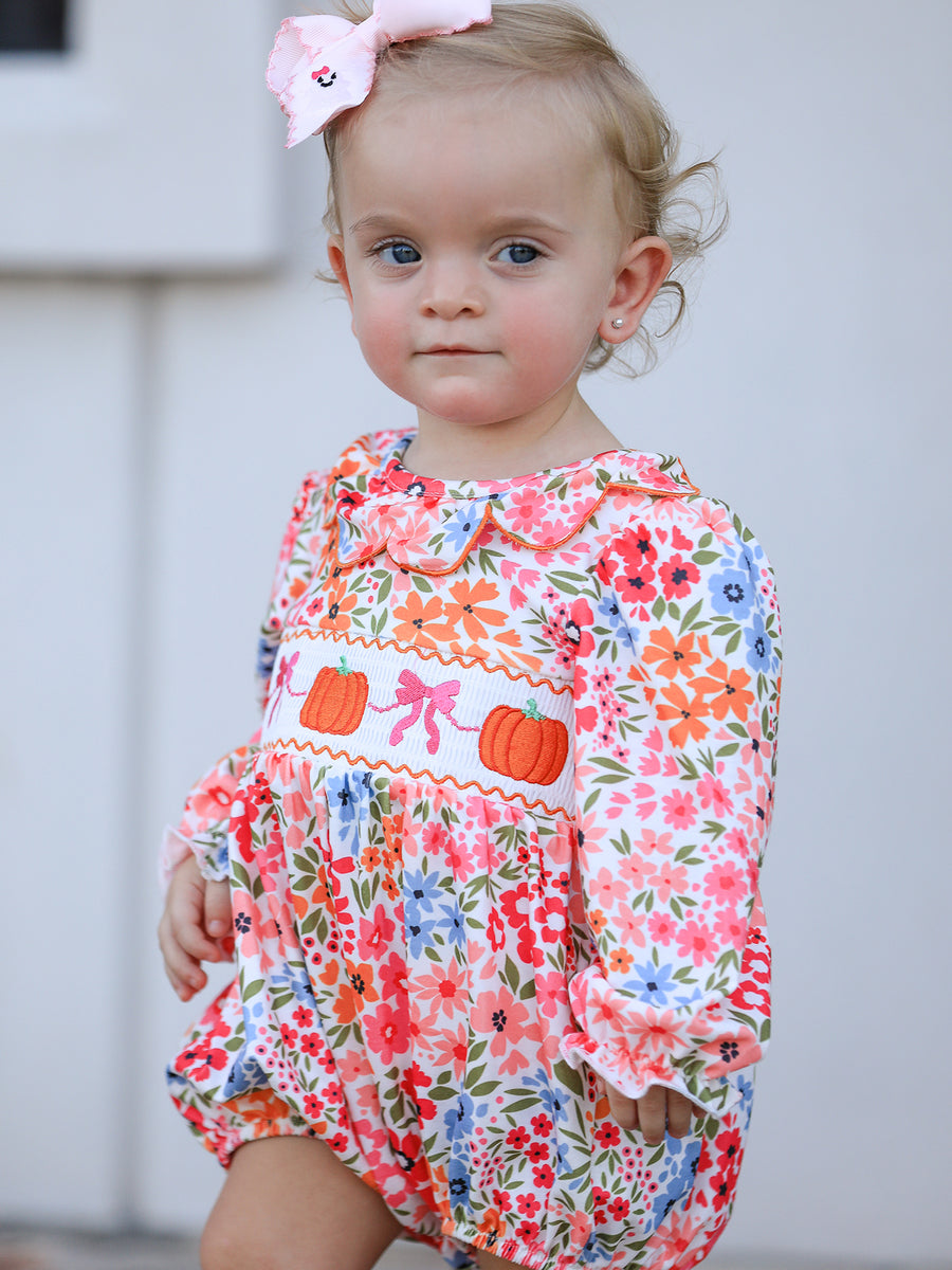 PREORDER Fall Halloween & Thanksgiving Pumpkin Bow Smock Embroidered Floral Baby Girl Romper