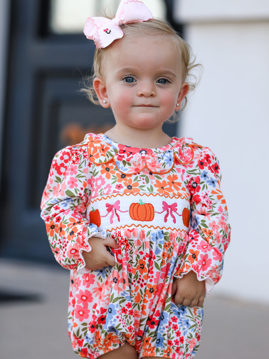 PREORDER Fall Halloween & Thanksgiving Pumpkin Bow Smock Embroidered Floral Baby Girl Romper