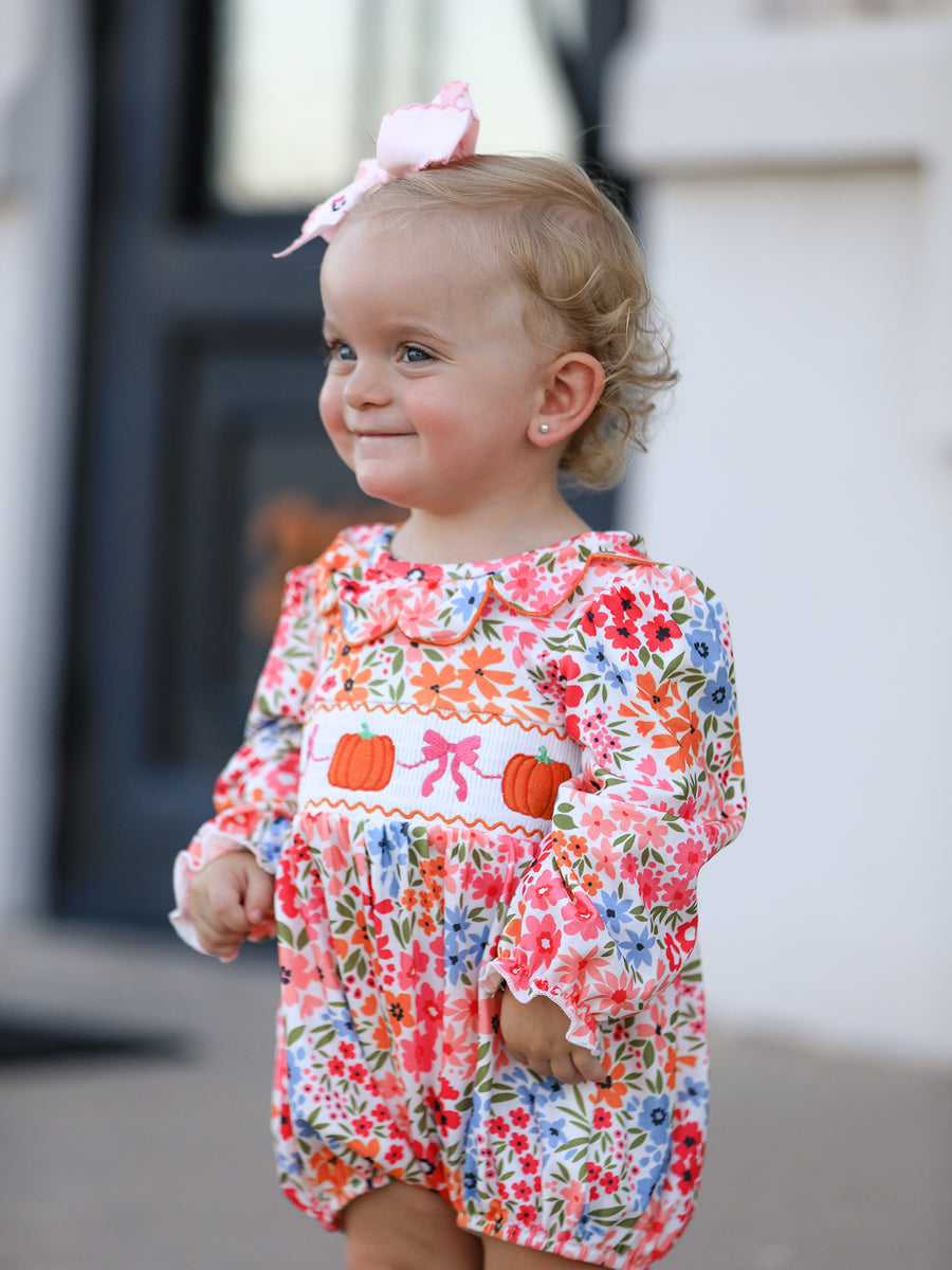 PREORDER Fall Halloween & Thanksgiving Pumpkin Bow Smock Embroidered Floral Baby Girl Romper
