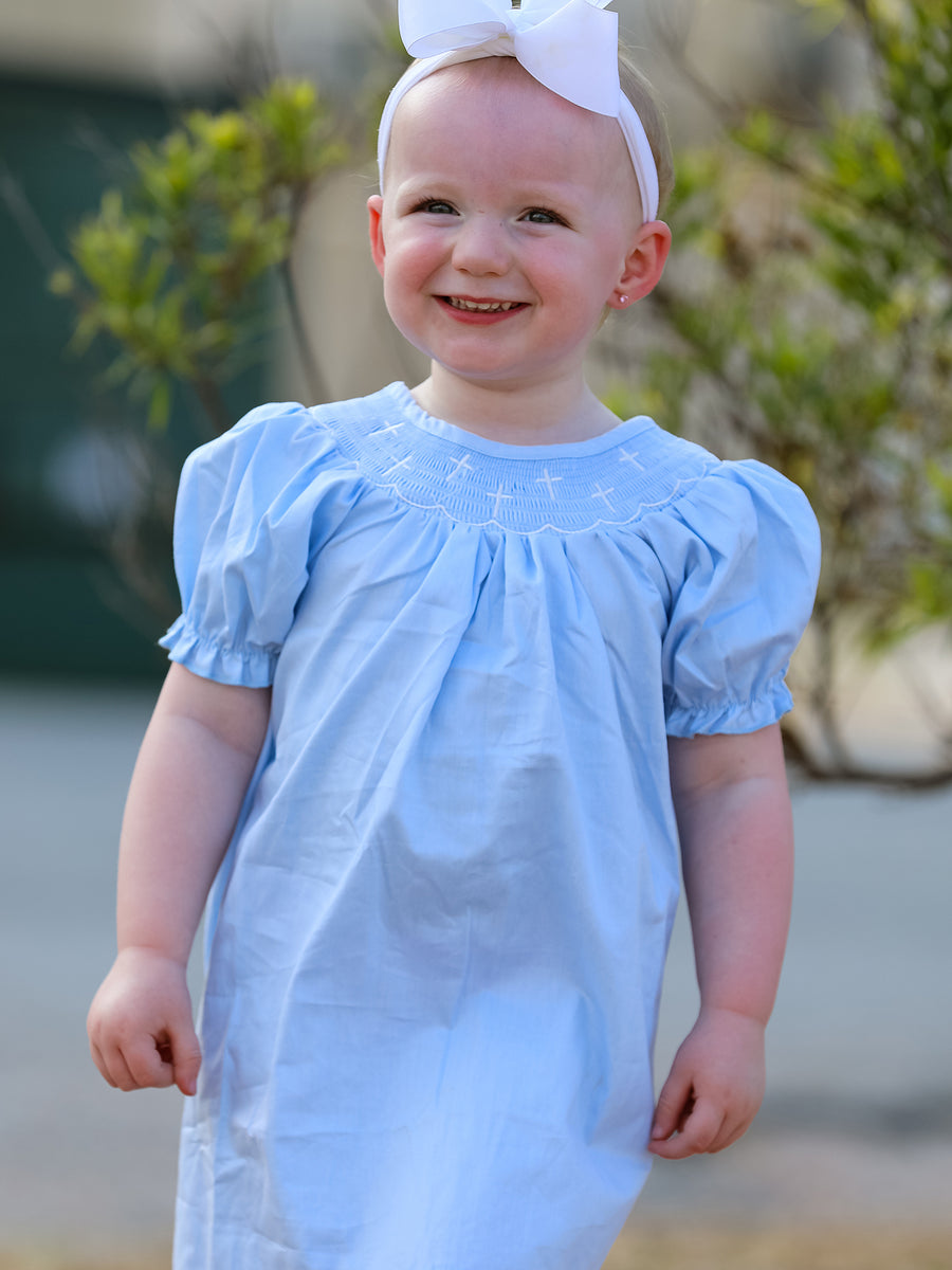 Girls Cross Smocking Embroidered Blue Dress