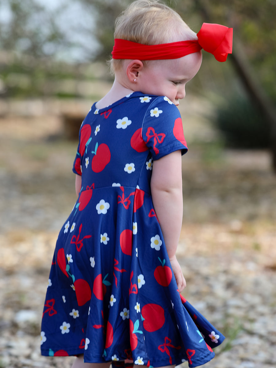 Navy Apple Floral Girls Back to School Dress