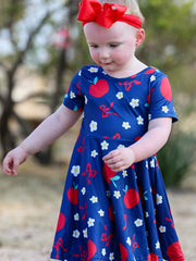 Navy Apple Floral Girls Back to School Dress
