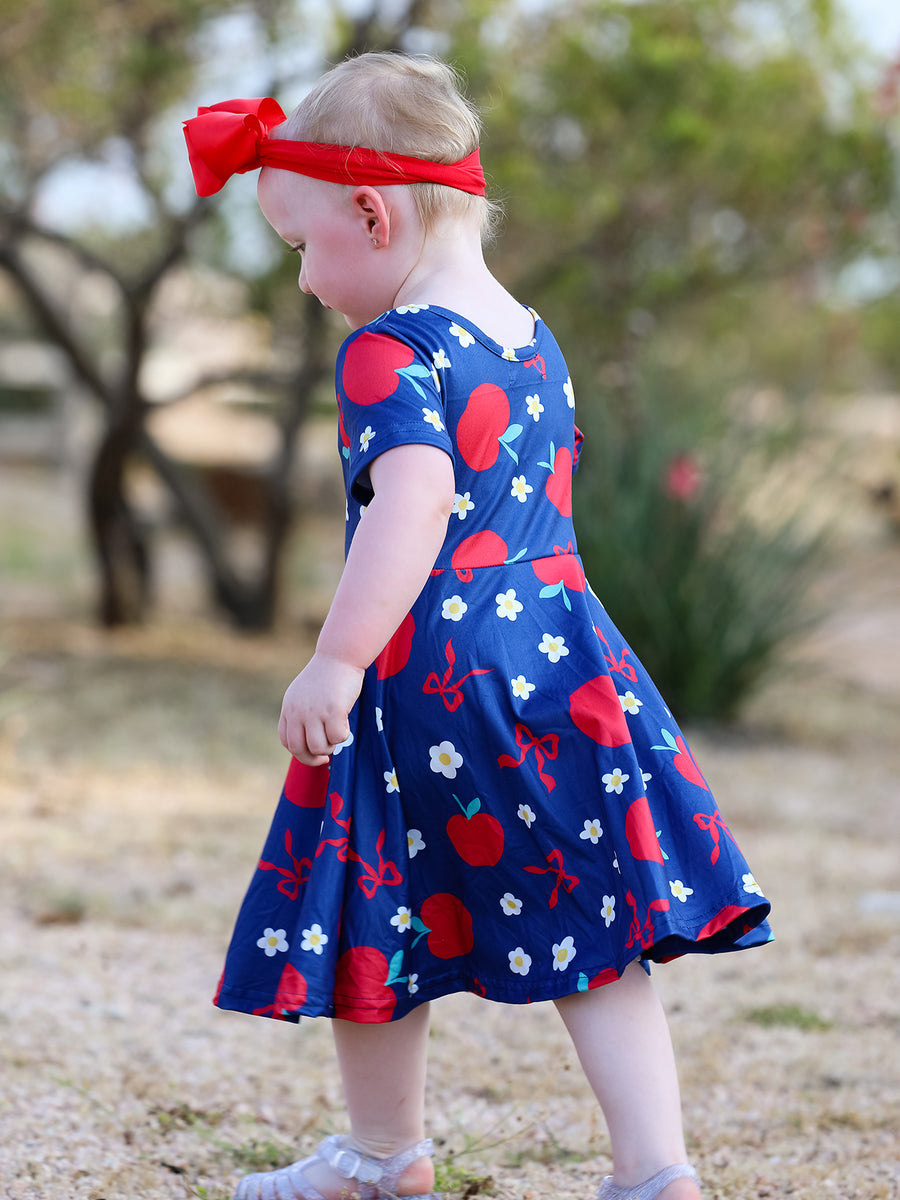 Navy Apple Floral Girls Back to School Dress