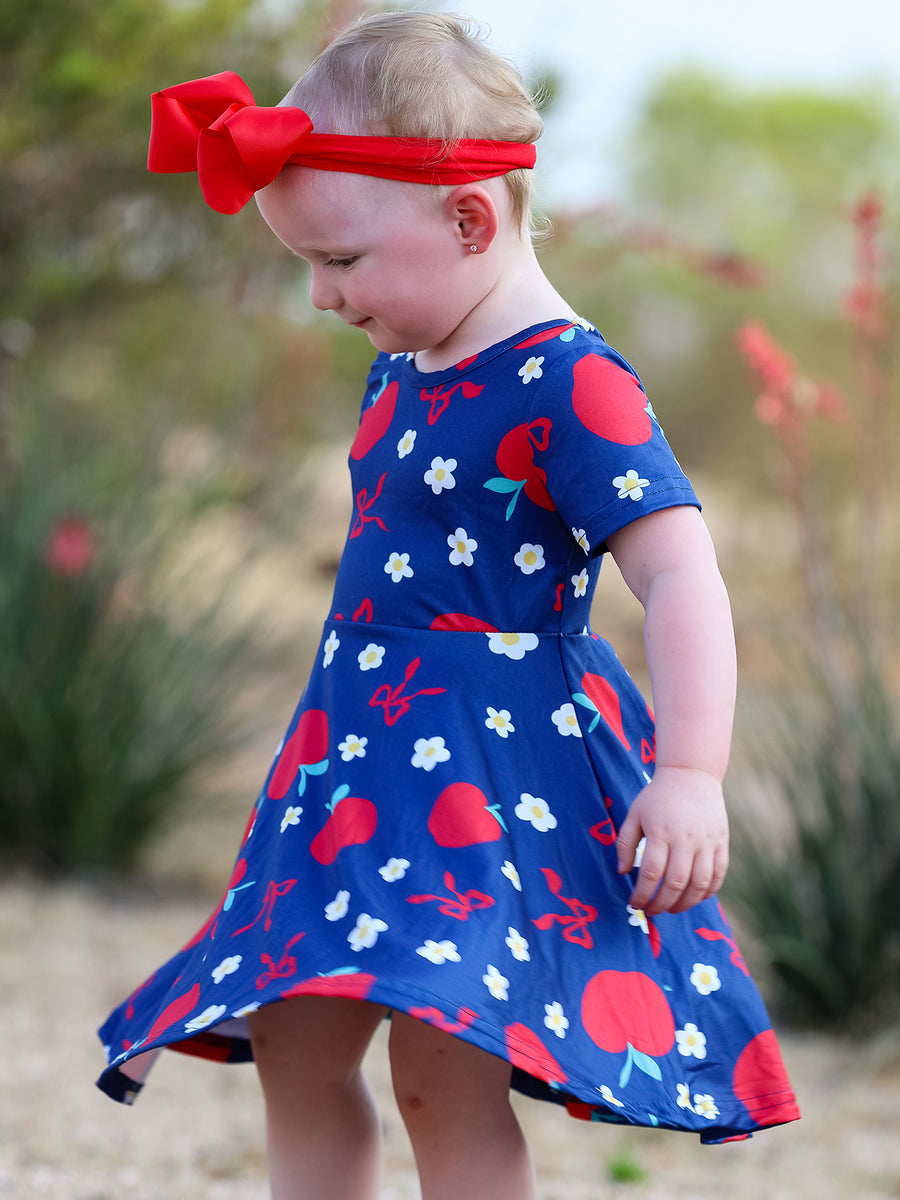 Navy Apple Floral Girls Back to School Dress