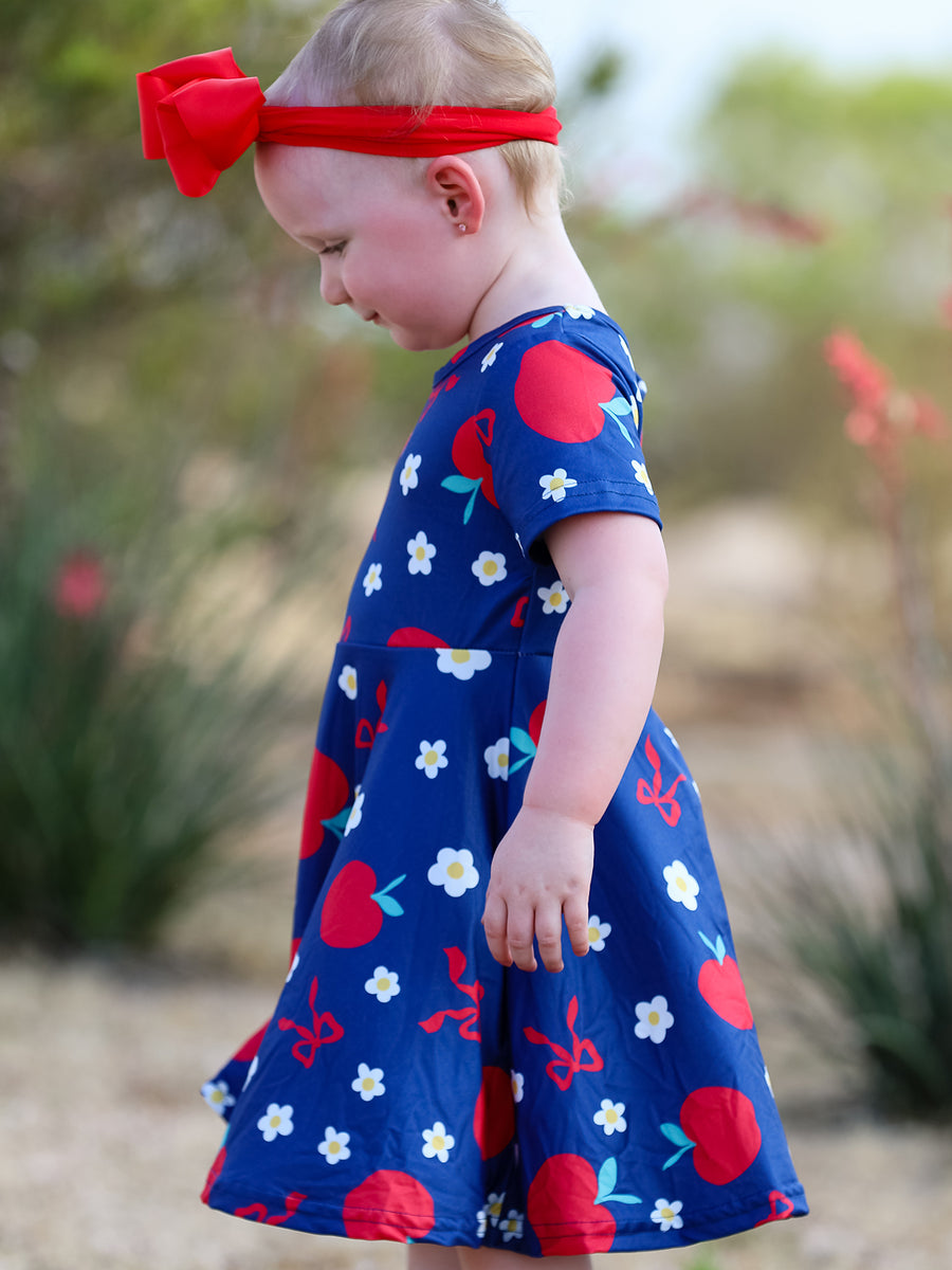 Navy Apple Floral Girls Back to School Dress