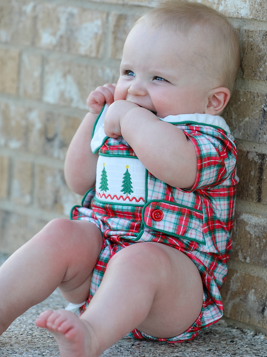 Christmas Tree Plaid Boys Romper Peter Pan Collar Smocked