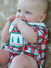 Christmas Tree Plaid Boys Romper Peter Pan Collar Smocked