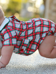 Christmas Tree Plaid Boys Romper Peter Pan Collar Smocked