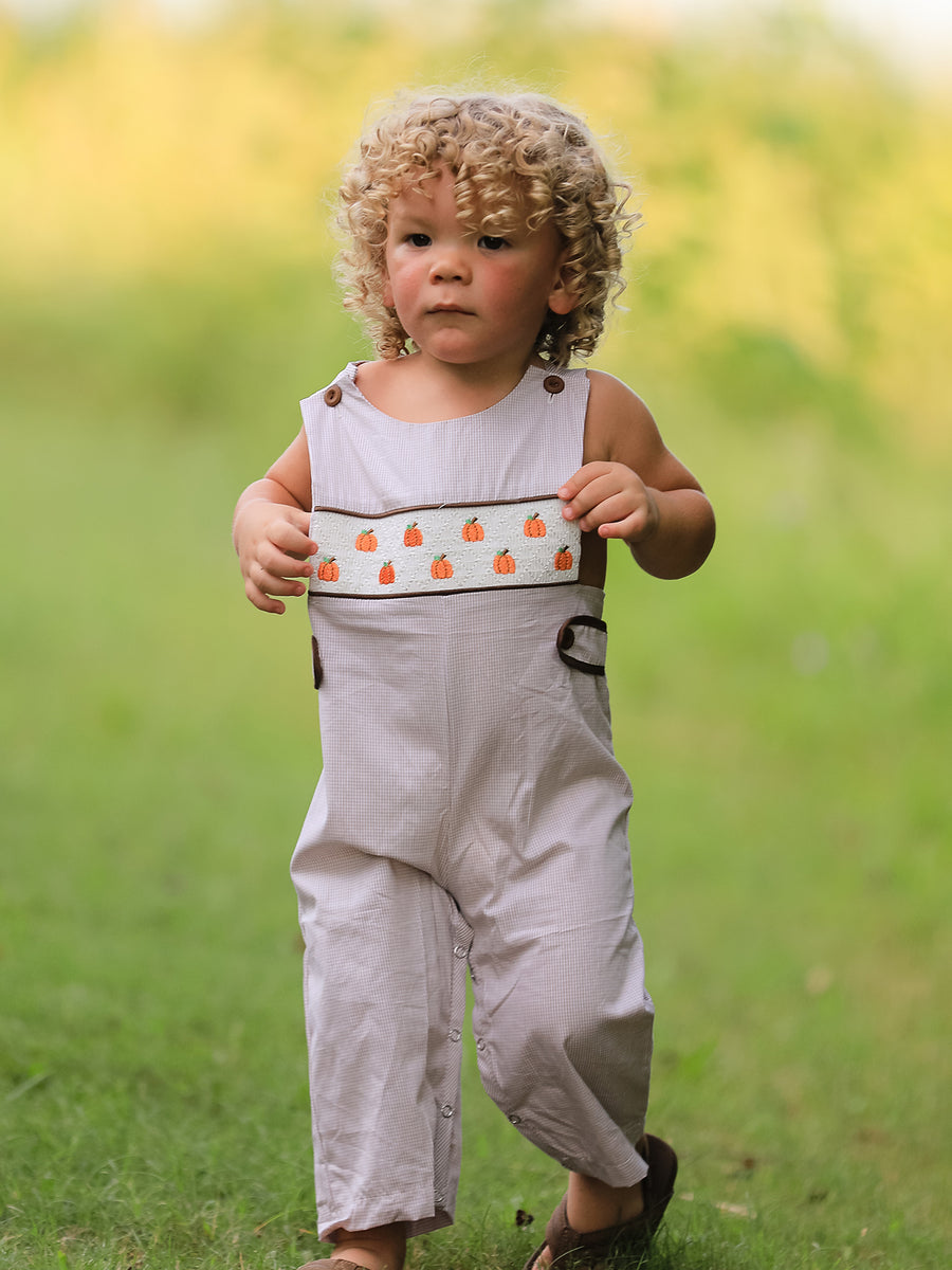 PREORDER Fall Halloween & Thanksgiving  Pumpkin Smock Embroidered Boys Romper
