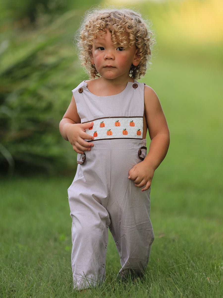 PREORDER Fall Halloween & Thanksgiving  Pumpkin Smock Embroidered Boys Romper