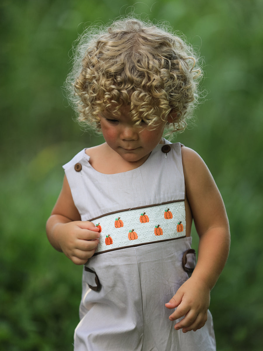 PREORDER Fall Halloween & Thanksgiving  Pumpkin Smock Embroidered Boys Romper