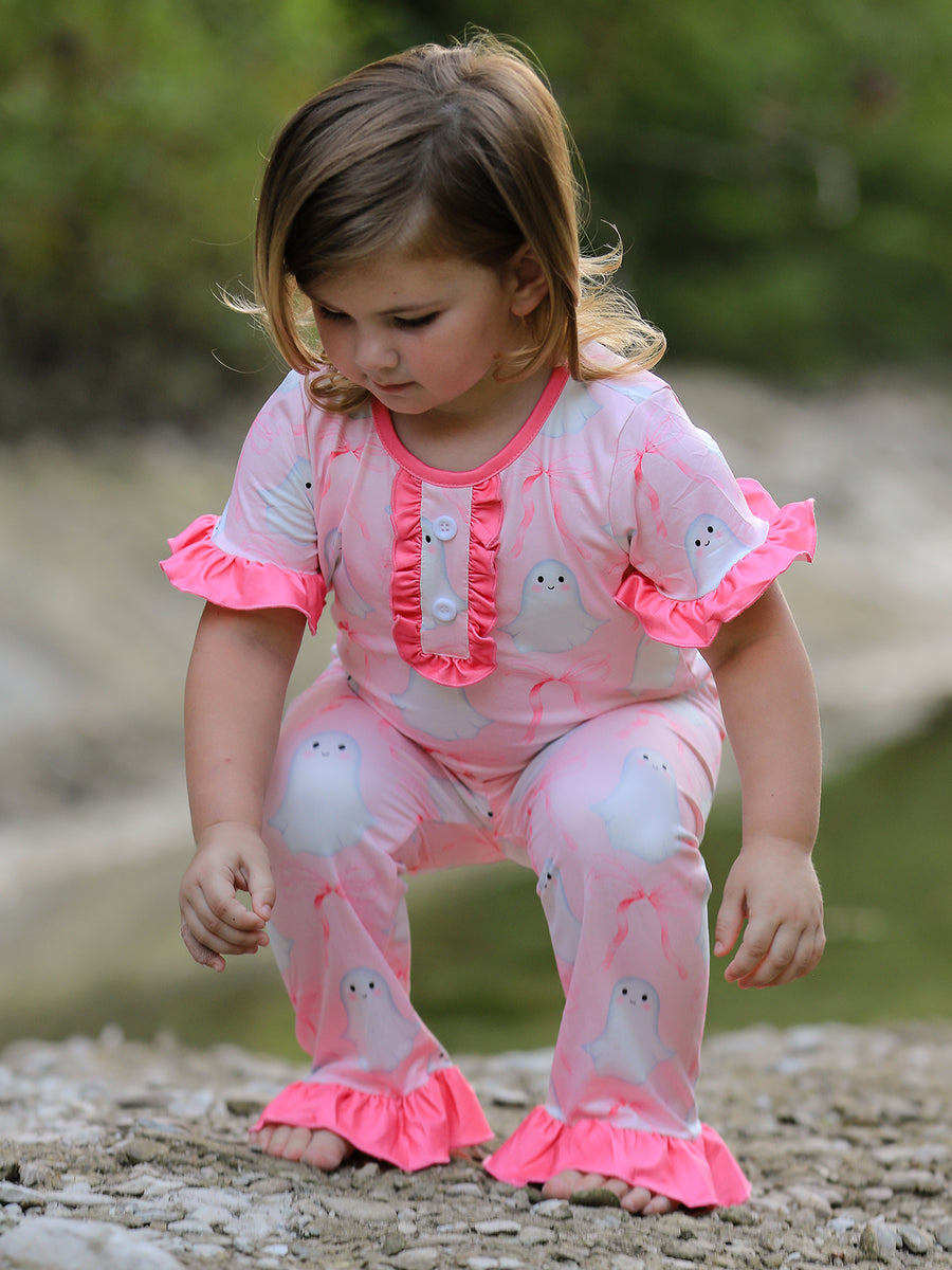 Halloween Ghost Short Sleeve Ruffled Girls Pajamas