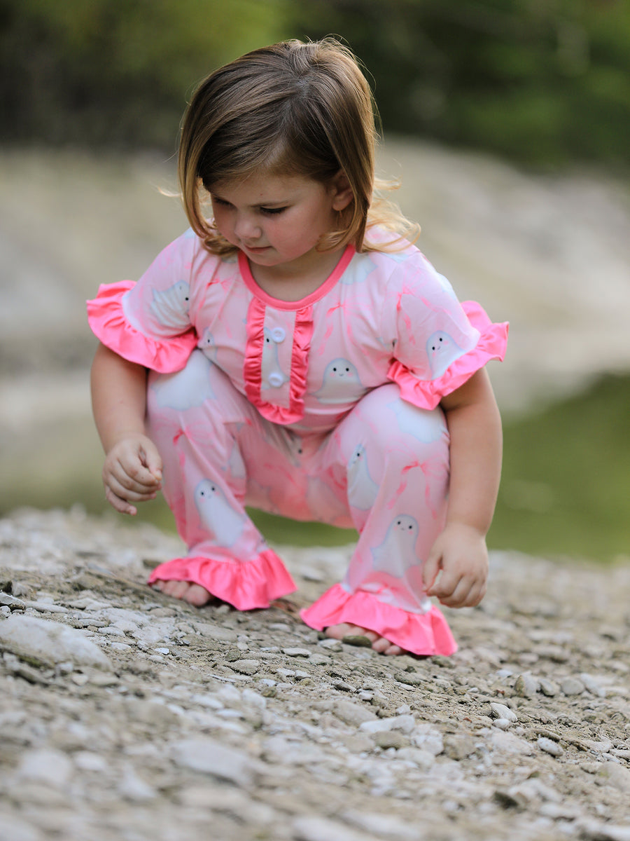 Halloween Ghost Short Sleeve Ruffled Girls Pajamas