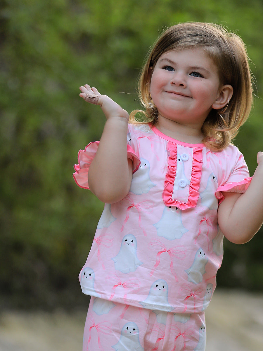 Halloween Ghost Short Sleeve Ruffled Girls Pajamas