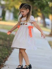 Thanksgiving Smocked Girls Dress Turkey Pumpkin Pie Embroidery