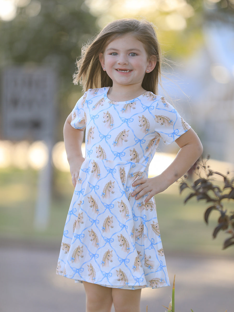 Western Horse And Bow Print Girls Short Sleeve Twirl Dress