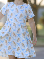 Western Horse And Bow Print Girls Short Sleeve Twirl Dress