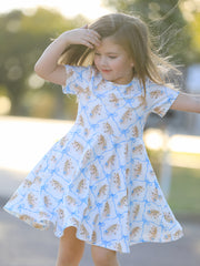 Western Horse And Bow Print Girls Short Sleeve Twirl Dress