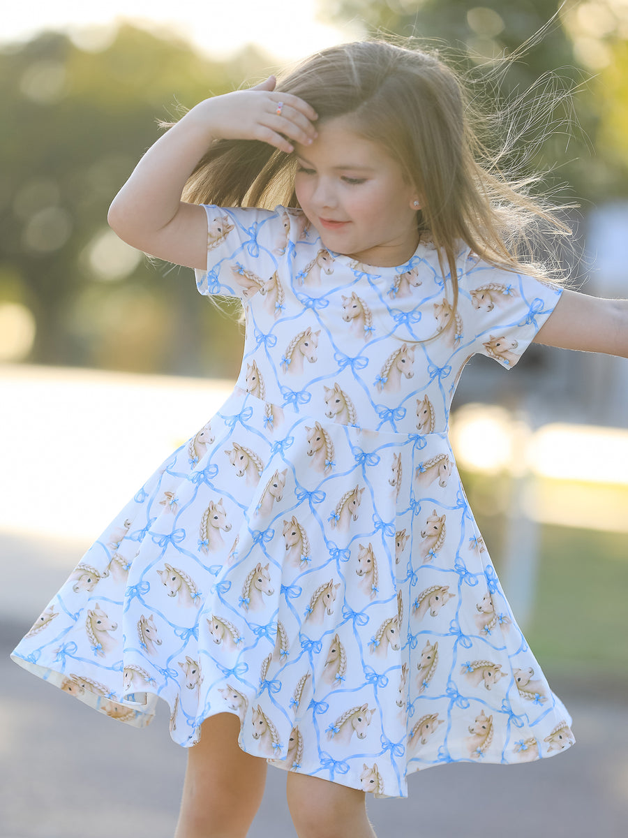 Western Horse And Bow Print Girls Short Sleeve Twirl Dress