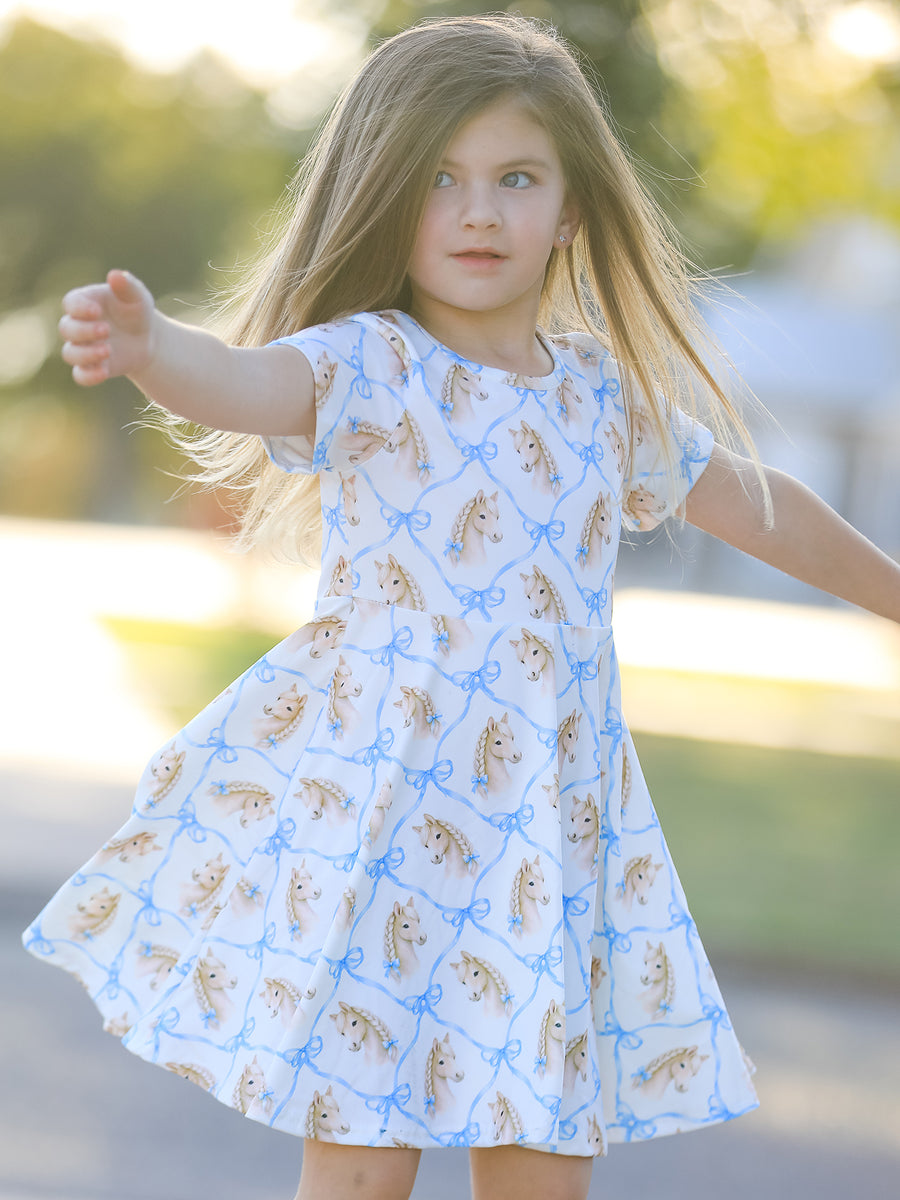 Western Horse And Bow Print Girls Short Sleeve Twirl Dress