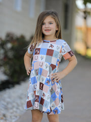 Western Horse Patchwork Print Girls Short Sleeve Twirl Dress