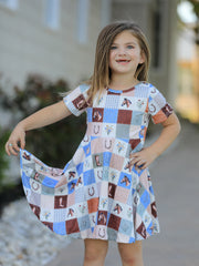 Western Horse Patchwork Print Girls Short Sleeve Twirl Dress