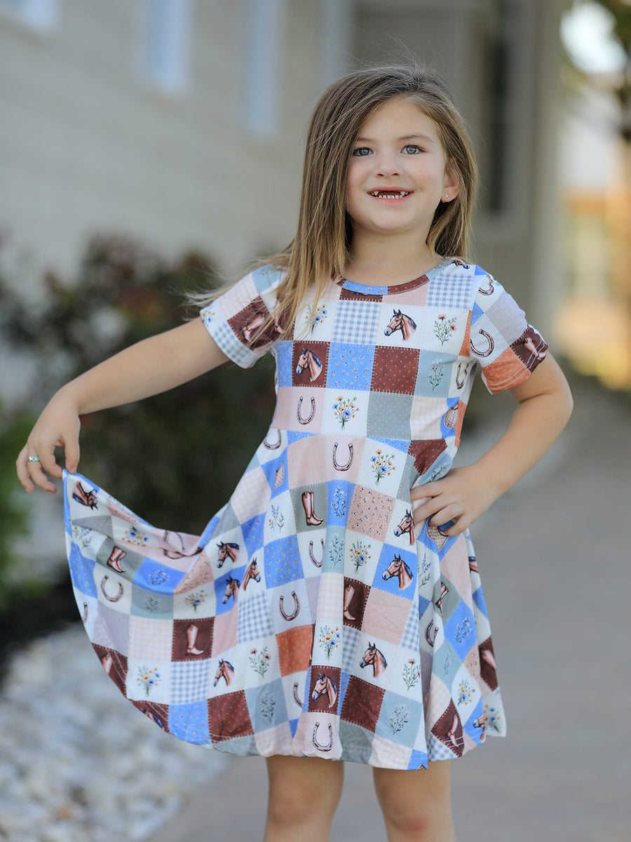 Western Horse Patchwork Print Girls Short Sleeve Twirl Dress