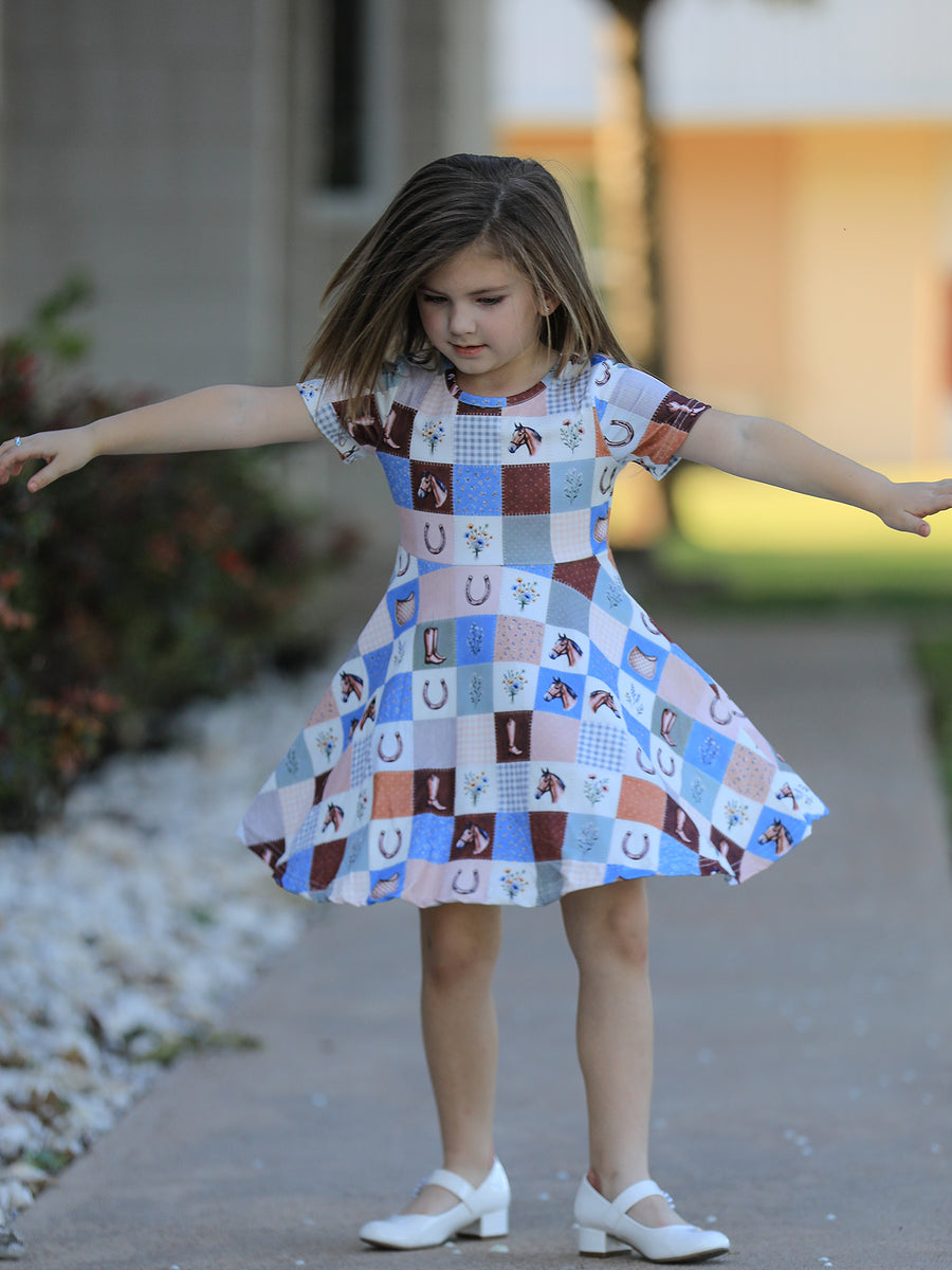 Western Horse Patchwork Print Girls Short Sleeve Twirl Dress