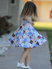 Western Horse Patchwork Print Girls Short Sleeve Twirl Dress