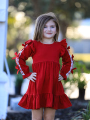 Christmas Girls Red Lace Bow Ruffle Dress