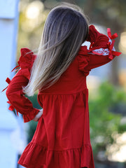 Christmas Girls Red Lace Bow Ruffle Dress