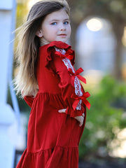 Christmas Girls Red Lace Bow Ruffle Dress