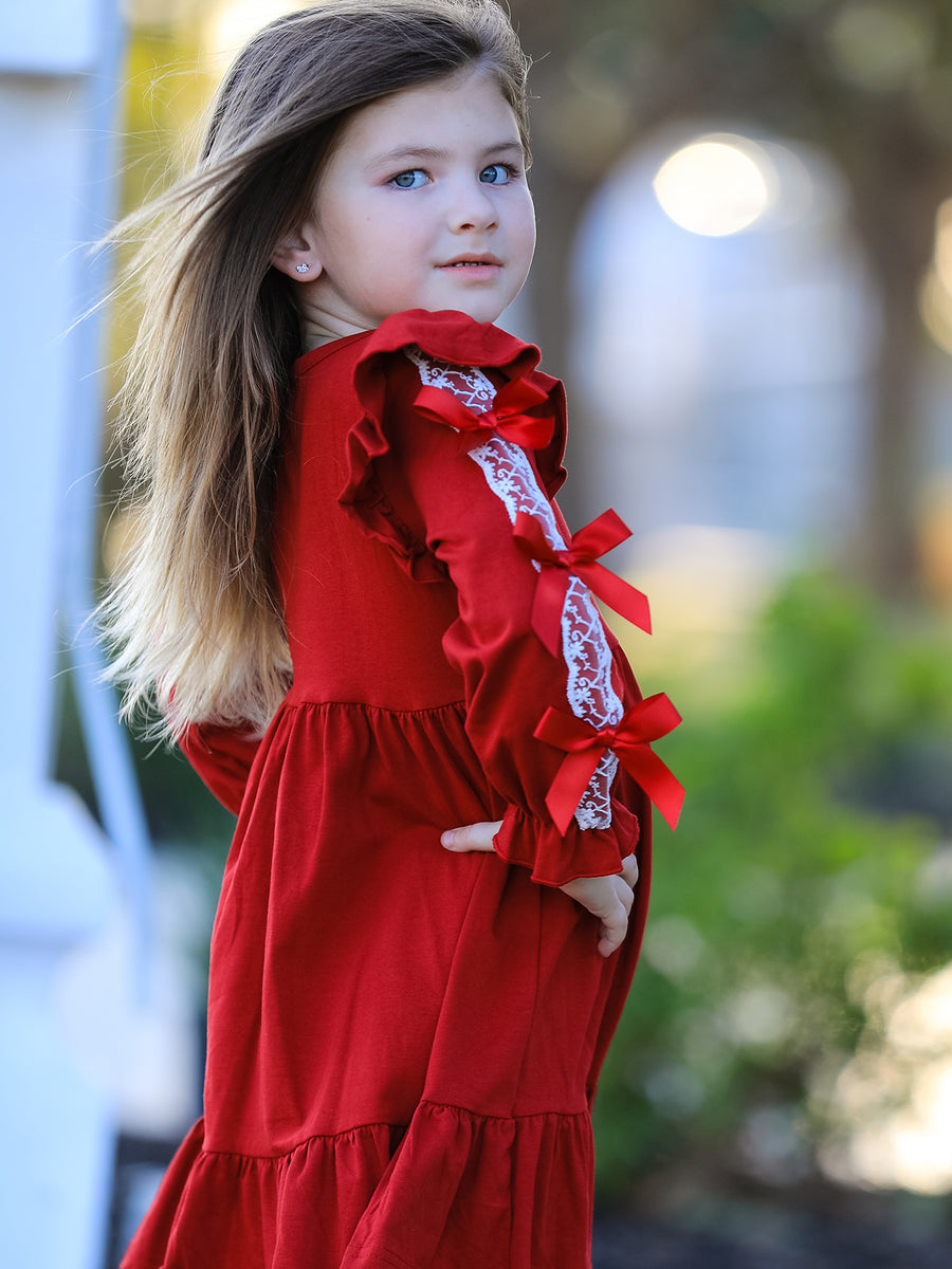 Christmas Girls Red Lace Bow Ruffle Dress