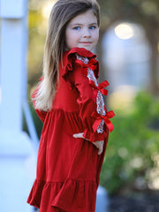 Christmas Girls Red Lace Bow Ruffle Dress