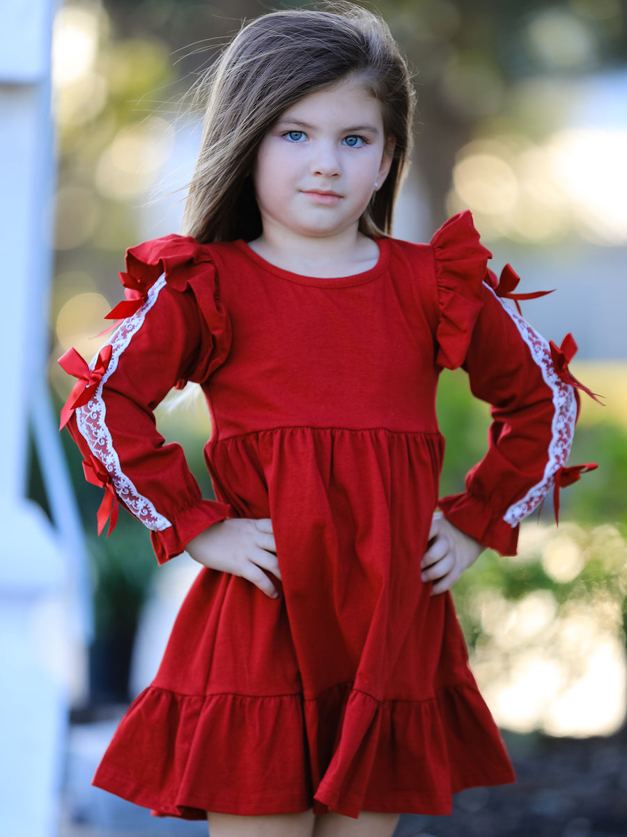 Christmas Girls Red Lace Bow Ruffle Dress