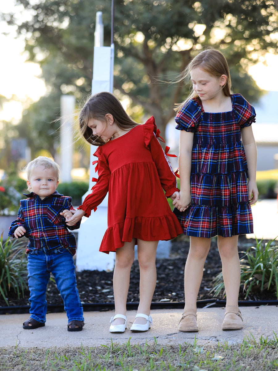 Christmas Girls Red Lace Bow Ruffle Dress