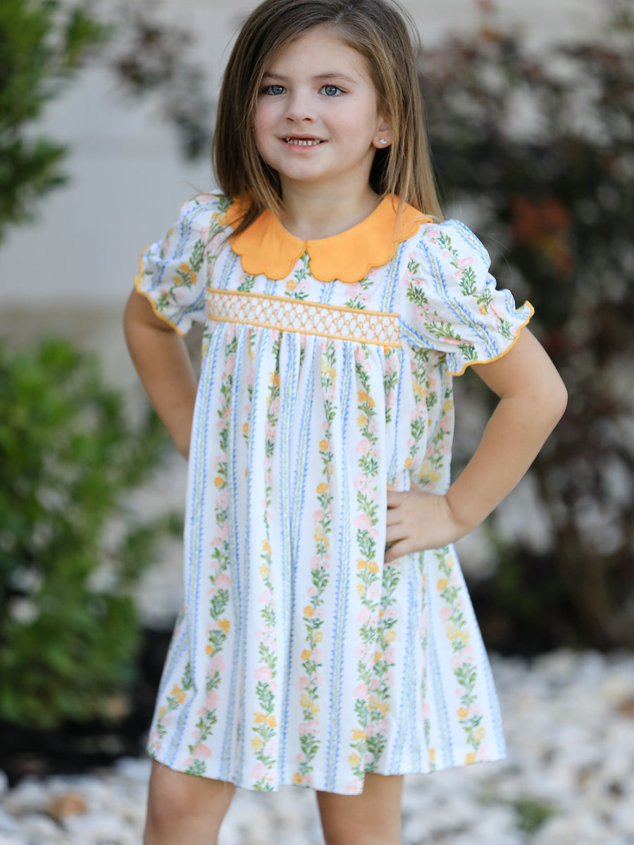 Fall Smocked Floral & Stripe Baby Girl Dress with Scallop Collar