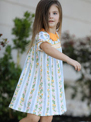 Fall Smocked Floral & Stripe Baby Girl Dress with Scallop Collar