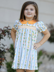 Fall Smocked Floral & Stripe Baby Girl Dress with Scallop Collar
