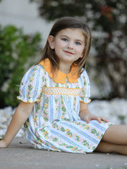 Fall Smocked Floral & Stripe Baby Girl Dress with Scallop Collar