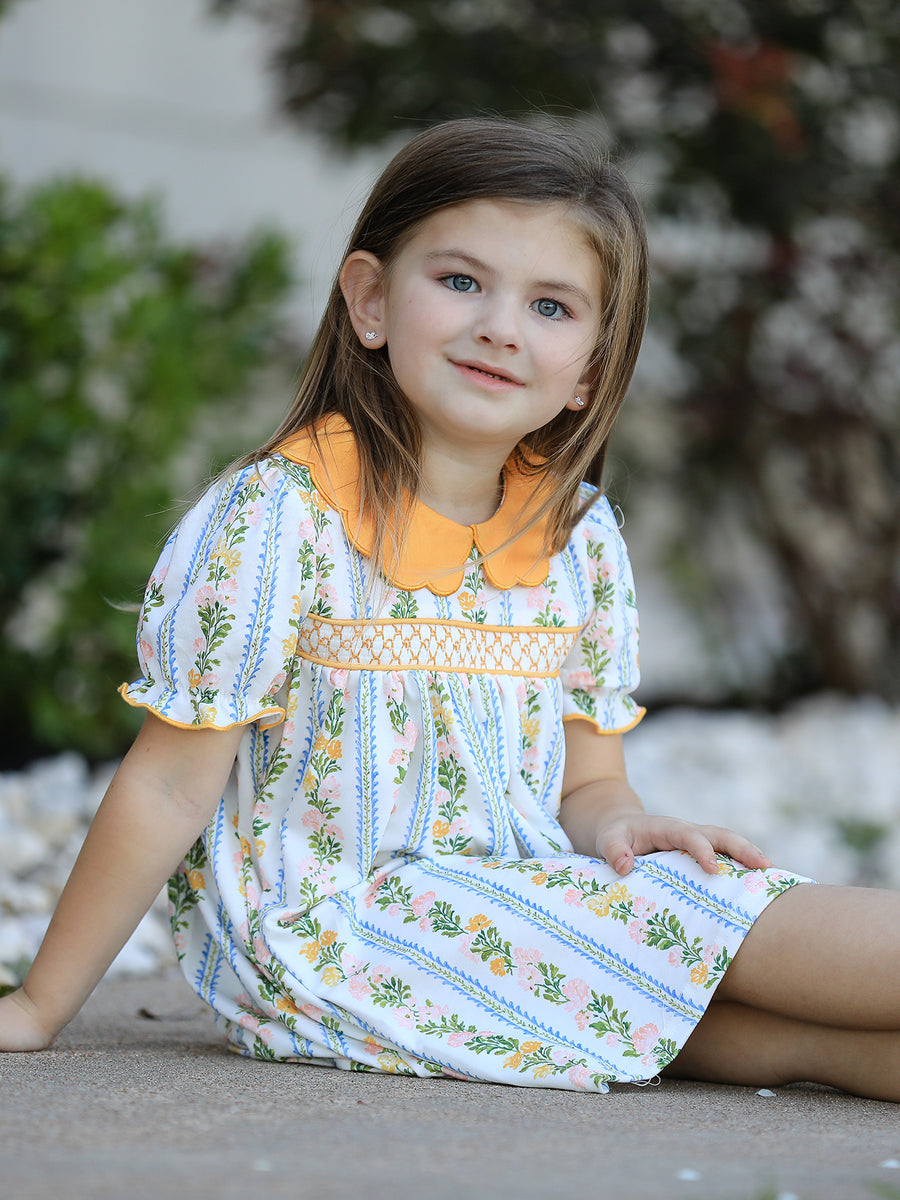 Fall Smocked Floral & Stripe Baby Girl Dress with Scallop Collar