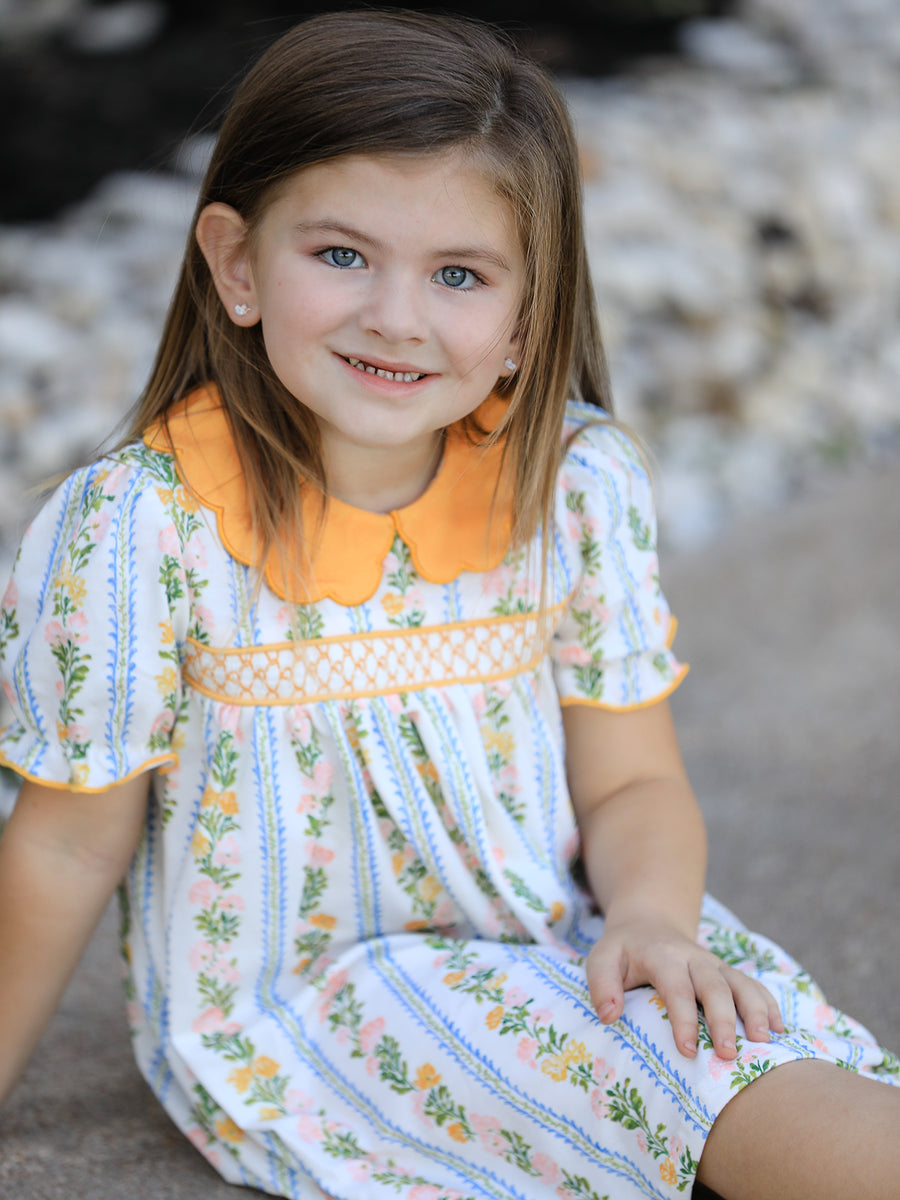 Fall Smocked Floral & Stripe Baby Girl Dress with Scallop Collar