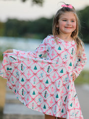 Girls Ballet Christmas Bow Print Flare Dress