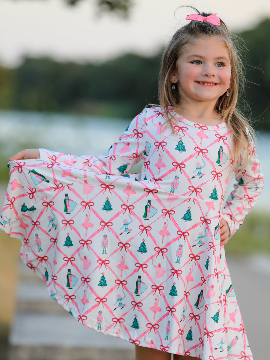 Girls Ballet Christmas Bow Print Flare Dress