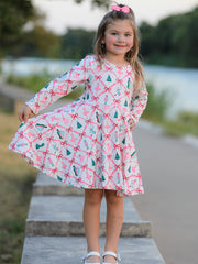Girls Ballet Christmas Bow Print Flare Dress