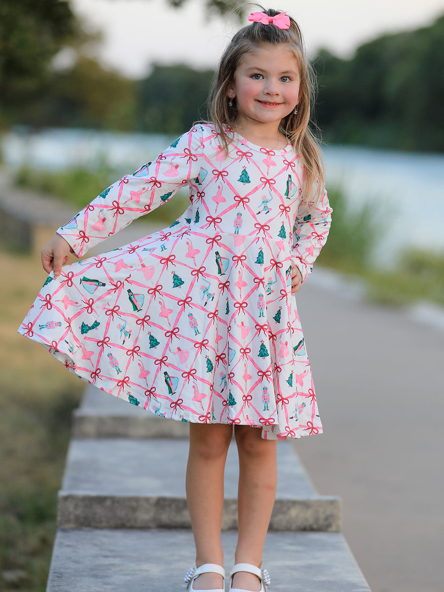 Girls Ballet Christmas Bow Print Flare Dress