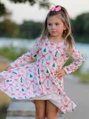 Girls Ballet Christmas Bow Print Flare Dress