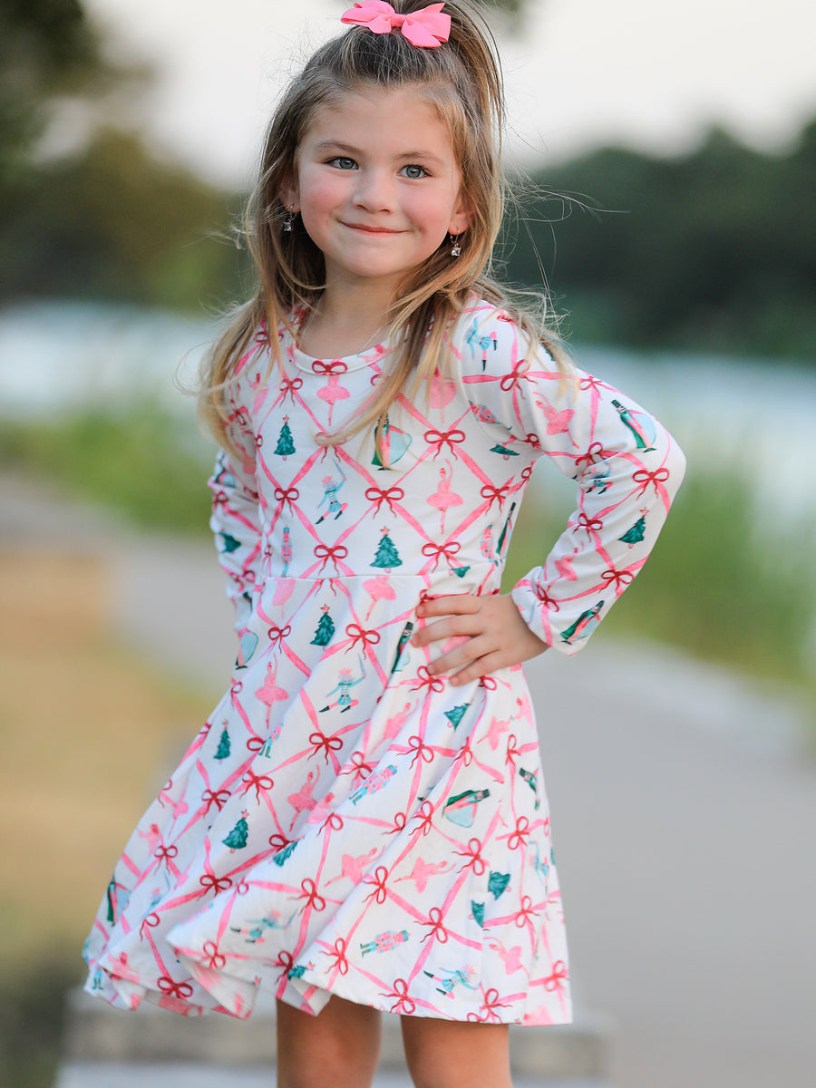 Girls Ballet Christmas Bow Print Flare Dress