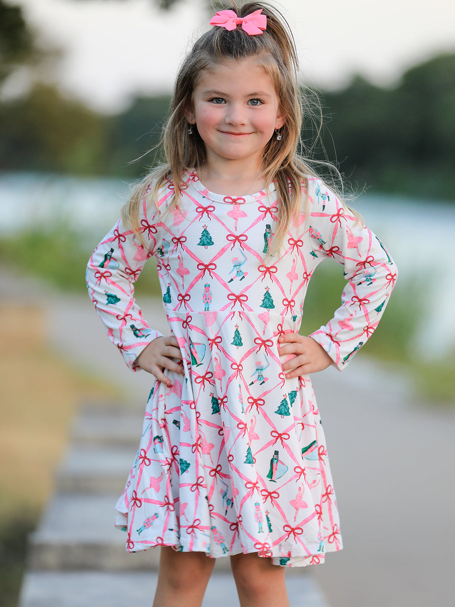 Girls Ballet Christmas Bow Print Flare Dress